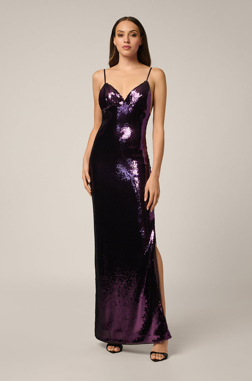 Stretch sequin long maxi dress front view
