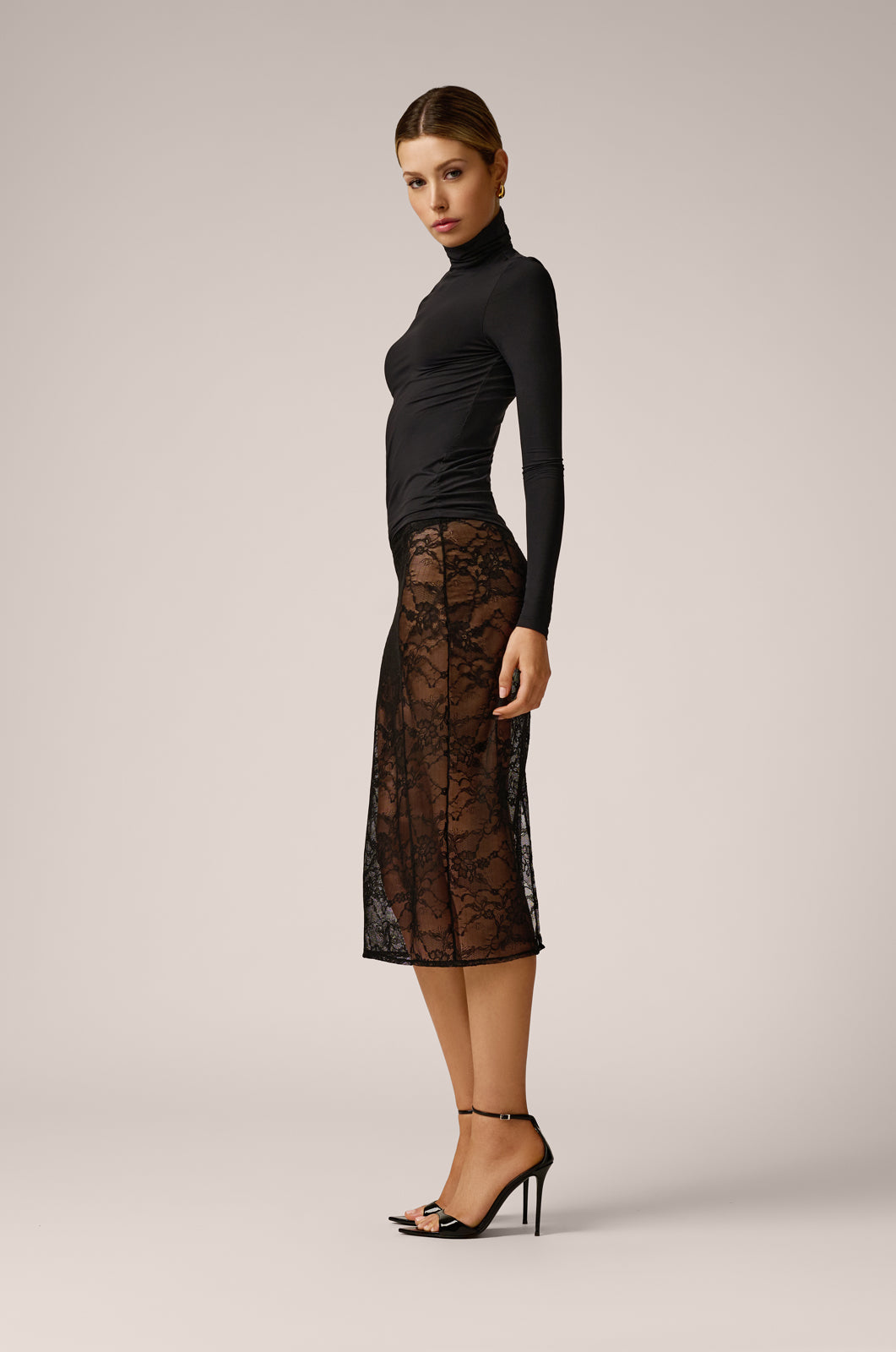 stretch black turtleneck top long sleeve  side view