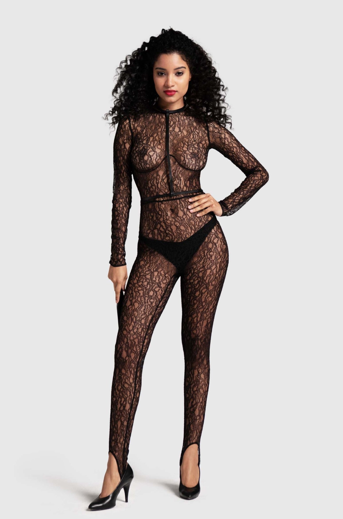 stretch French lace catsuit in black, back slit