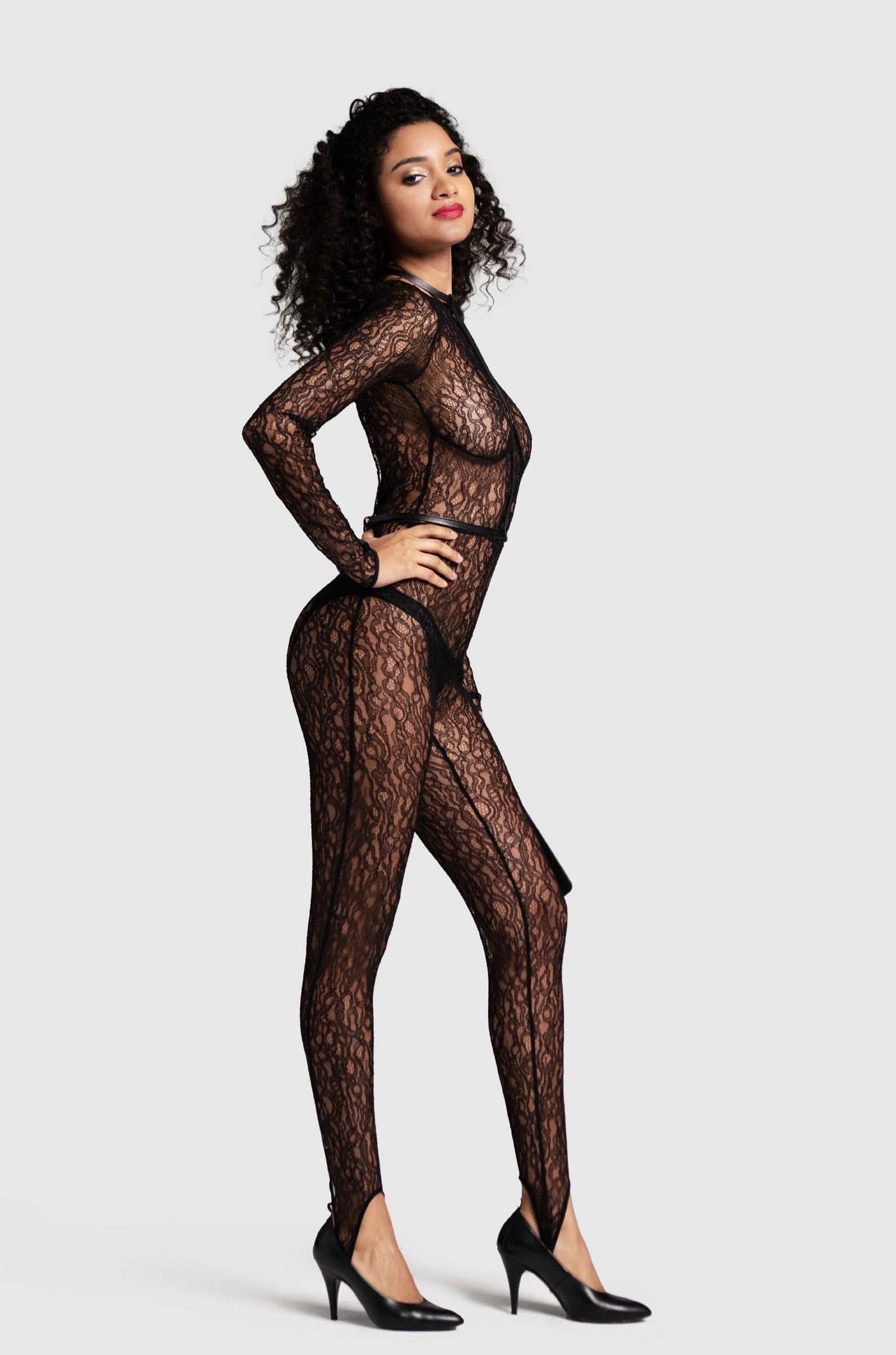 stretch French lace catsuit in black, back slit