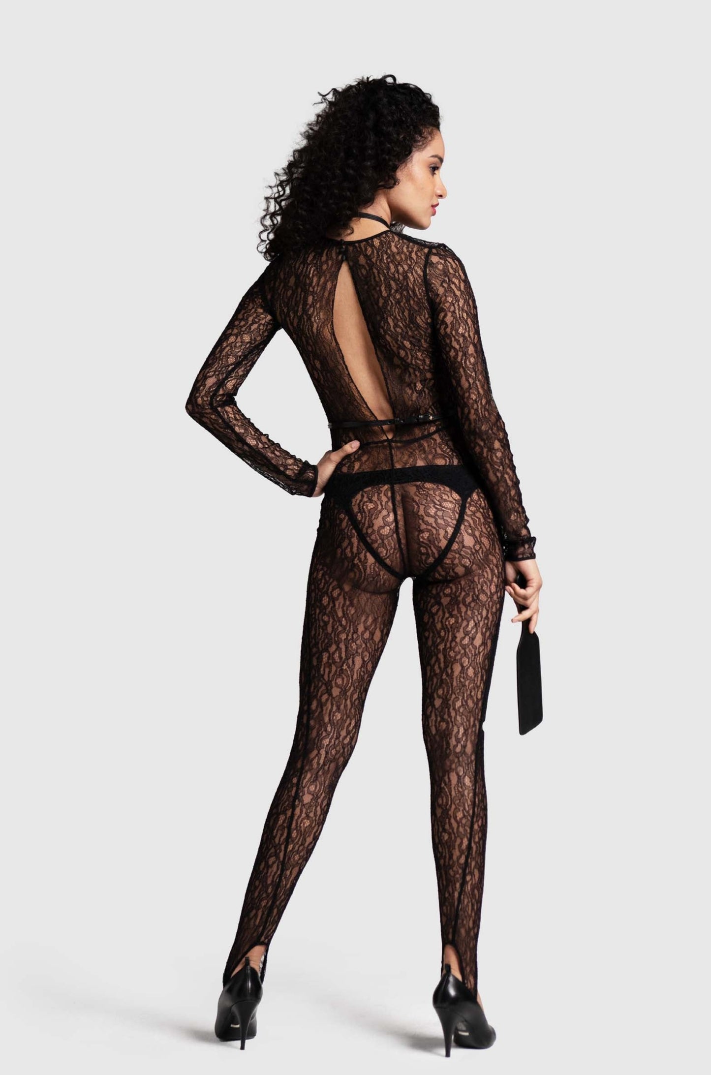 stretch French lace catsuit in black, back slit